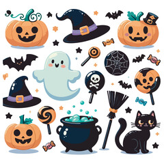 Cute Halloween cartoon icons with pumpkin, ghost, cat, spider, bat, witch hat, cauldron, and candy