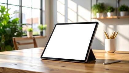 Fototapeta premium Sleek electronic device with a clean, empty display resting on a warm wooden surface, symbolizing potential for innovation and digital creation in a bright, modern workspace for productivity