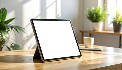 Fototapeta premium Modern tablet on a wooden desk with potted plants and natural light, perfect for digital art or business