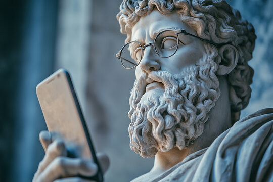 Ancient marble statue of a bearded man with glasses, holding a modern smartphone, blending classical art with contemporary technology. - Powered by Adobe