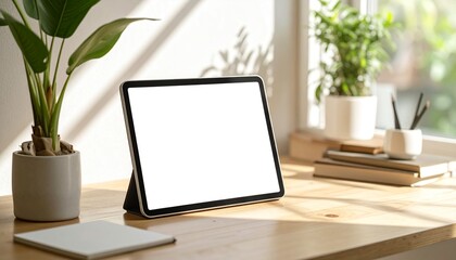 Fototapeta premium Creative home office workspace featuring a digital tablet with a blank white screen mockup on a sunlit wooden desk