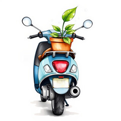 Scooter with potted plant on handlebar in colorful illustration  