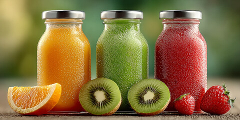 Colorful Fruit Juices in Glass Jars With Fresh Fruits on Wooden Table