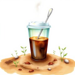 Iced coffee in disposable cup with spoon on sandy background  