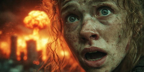 Woman in Fear During a Nuclear Explosion in a Destroyed City Landscape at Sunset