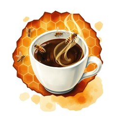 Coffee cup with bees and honeycomb background in vibrant style  