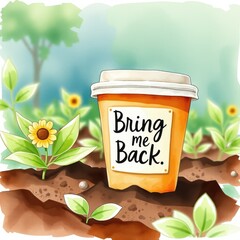 Coffee cup with "Bring me Back" label in a garden with flowers  