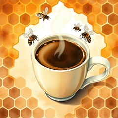 Coffee cup with steam surrounded by honeycomb and bees  