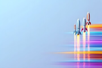 Colorful Rockets Launching into the Bright Blue Sky with Speed