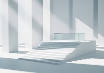Fototapeta premium A minimalist architectural interior with stark white geometric shapes, stairs, and glass elements, bathed in dramatic light and shadow