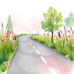 Scenic road winding through vibrant flowers and lush greenery  