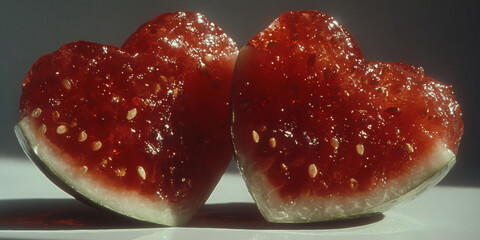 Heart-shaped Watermelon Candy Slices Glisten on a Light Surface in Bright Lighting