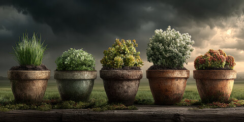 Potted Plants Arranged on a Wooden Table Under a Dramatic Sky in Early Evening