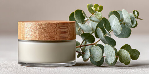 Natural Skincare Cream With a Wooden Lid and Eucalyptus Leaves on a Light Surface