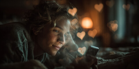 A Young Person Lies Comfortably in Bed, Absorbed in Their Smartphone, Illuminating the Room Softly