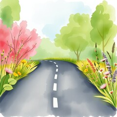Scenic road winding through vibrant spring landscape with flowers  