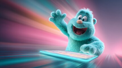 Playful creature with tablet on colorful background in motion