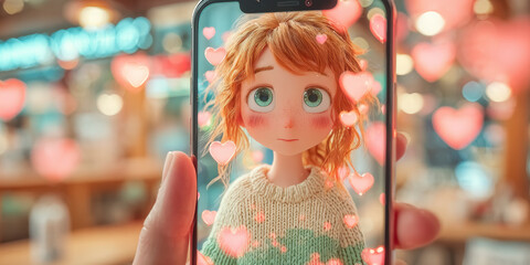Cute Animated Character on Smartphone Screen Surrounded by Heart Shapes in a Cozy Cafe Setting