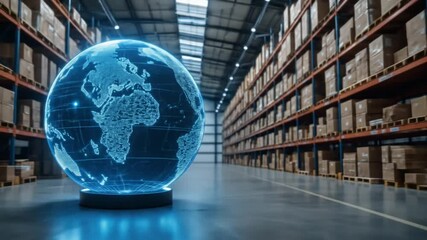 A digital globe in a warehouse symbolizes global supply chain connectivity. 4k video - Powered by Adobe