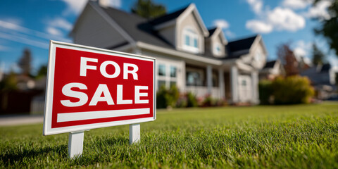 House Listed for Sale With Inviting Yard and Clear Blue Sky in Suburban Neighborhood