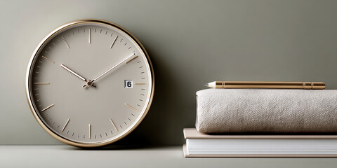 Timeless Elegance of a Minimalistic Workspace With a Clock and Neatly Stacked Items