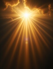 Fototapeta premium Golden rays of sunlight radiate through dark clouds, illuminating the scene with a warm and hopeful glow.