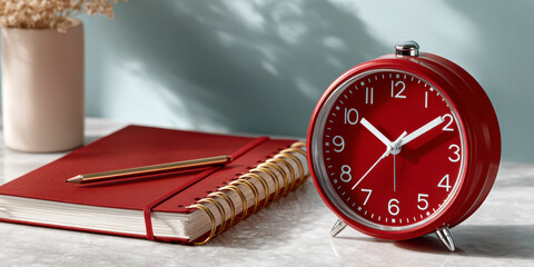 Bright Red Alarm Clock Beside a Notebook and Pen on a Marble Surface in Soft Light