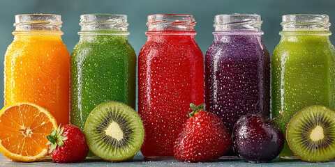 Colorful Jars of Fresh Fruit Juices Lined up With Fresh Fruits on a Table