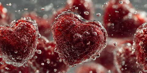 Bubbles Form Around Heart-Shaped Candies in Sparkling Water, Creating a Festive and Playful Scene