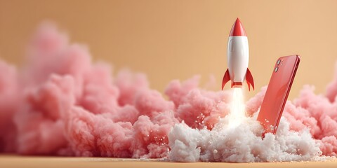 Launching Innovation Concept with Rocket and Smartphone against Pink Clouds