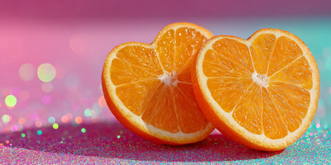 Heart-shaped Orange Slices on a Sparkling Colorful Background