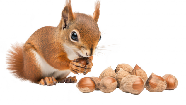 A curious squirrel holding a hazelnut while surrounded by a pile of shelled and unshelled nuts. set against a clean white background. perfect for nature and wildlife themes