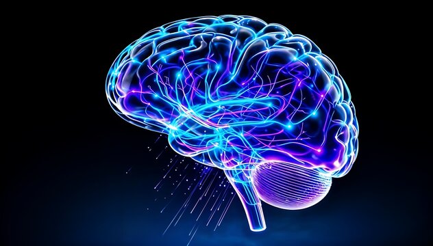 Glowing Blue Human Brain with Pink Neural Pathways on Black