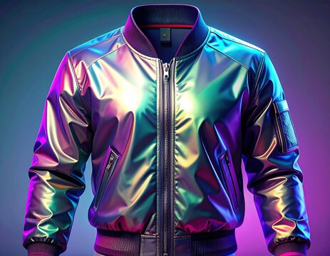 Iridescent bomber jacket hangs in a studio setting, reflecting vibrant colors and textures with a futuristic and modern aesthetic.