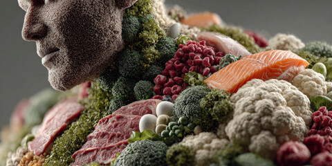 Creative Sculpture Blending Human Form With Vibrant Vegetables and Fish in Intricate Detail