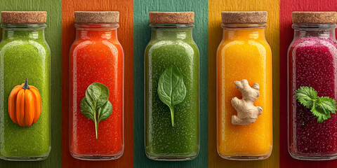 Colorful Healthy Drinks Lined up in Glass Bottles on a Wooden Surface