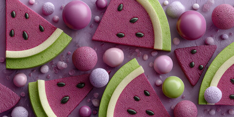 Colorful Dessert Display Featuring Watermelon Slices and Playful Spheres on a Purple Background
