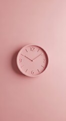 A minimalist pink wall clock with subtle hour markers against a solid pink background.