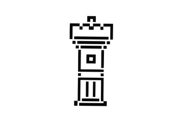 Isolated black pixelated chess queen piece stands centered on a white background