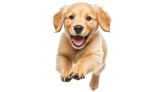 A joyful golden retriever puppy leaps playfully in a bright. white studio. embodying the spirit of youth and energy. perfect for pet-related promotions or cheerful imagery
