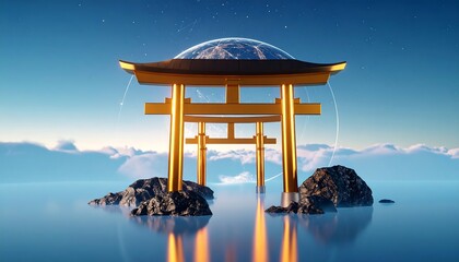 Golden Gate Structure on Water with Cloudy Sky and Dome