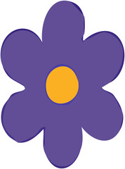 A simple cartoon illustration of a purple flower with a yellow center, isolated on white.