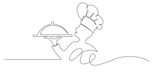 Continuous line art of a chef carrying food in his hands. This icon is for a banner sticker or a restaurant logo.
