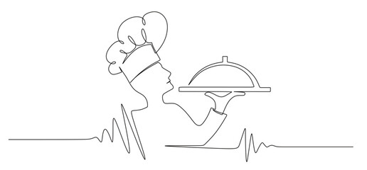 Continuous line art of a chef carrying food in his hands. This icon is for a banner sticker or a restaurant logo.