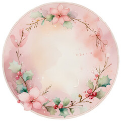Pink watercolour disc circular christmas floral and berry pattern isolated background
