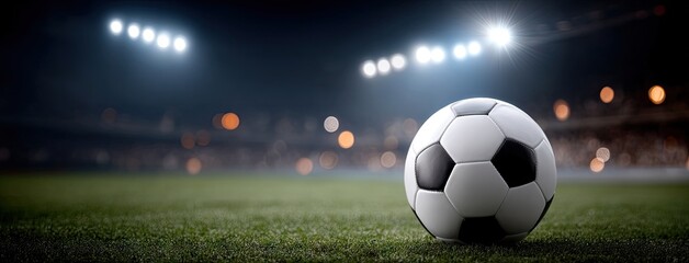 Soccer ball on a field during a night match with stadium lights illuminating the atmosphere and creating excitement for players and fans alike
