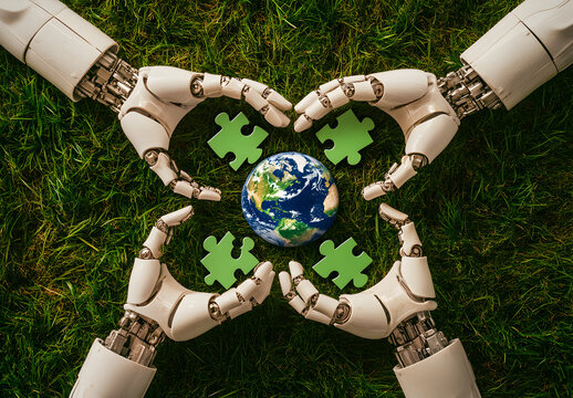 An eco-friendly team-building activity, with robot's hands holding puzzle pieces featuring the Earth's globe symbol, set against a lush green grass background. 