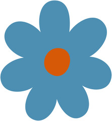 A simple, stylized illustration of a blue flower with a round orange center.