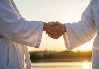 Two individuals in white robes share a handshake against a warm sunset symbolizing unity and agreement