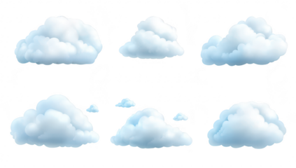 Collection of fluffy. white clouds in various shapes and sizes. a serene sky backdrop. ideal for illustrating weather conditions or nature themes